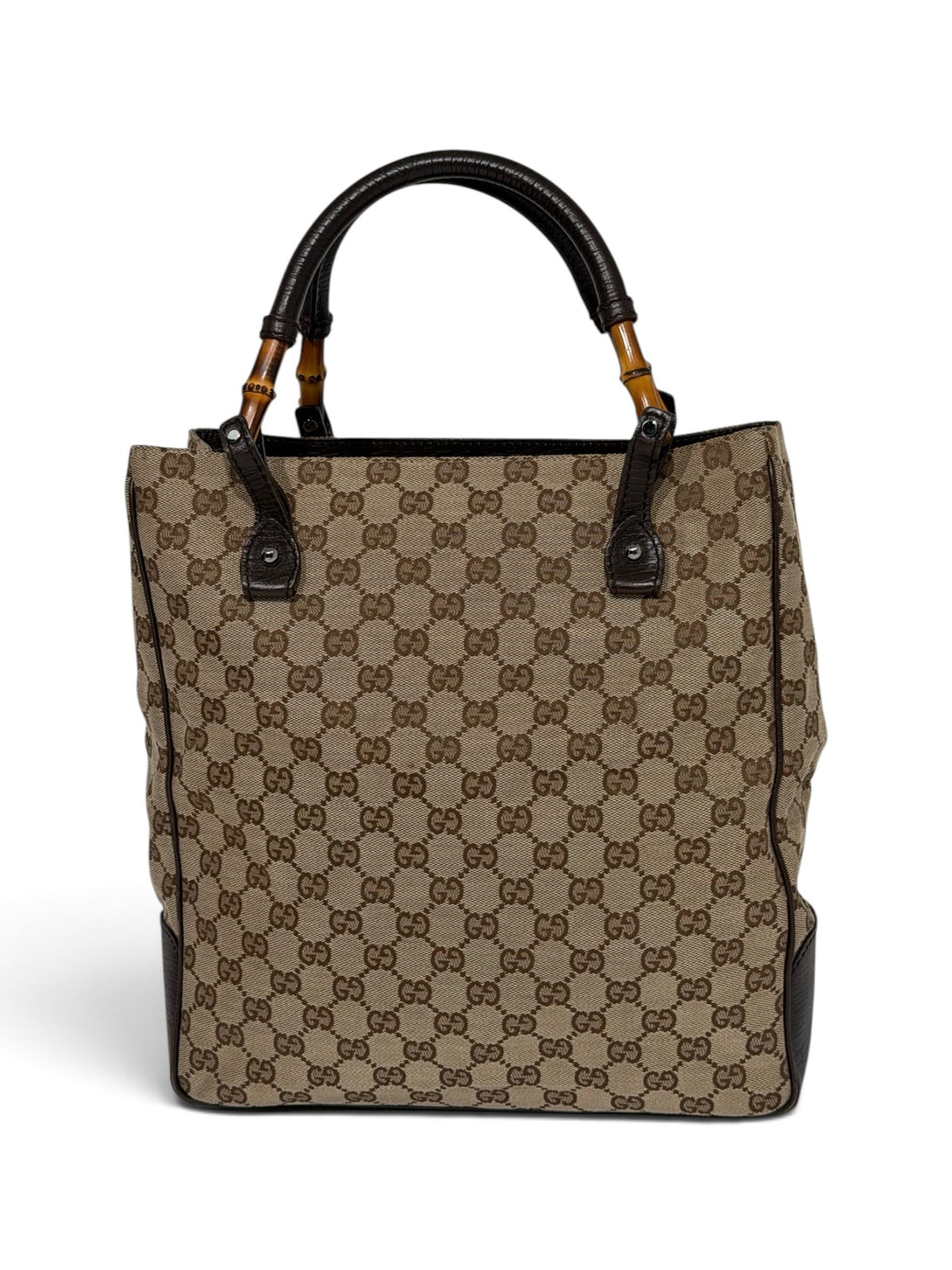 Gucci Vintage GG Canvas Bamboo Handle Tote - Beige & Dark Brown