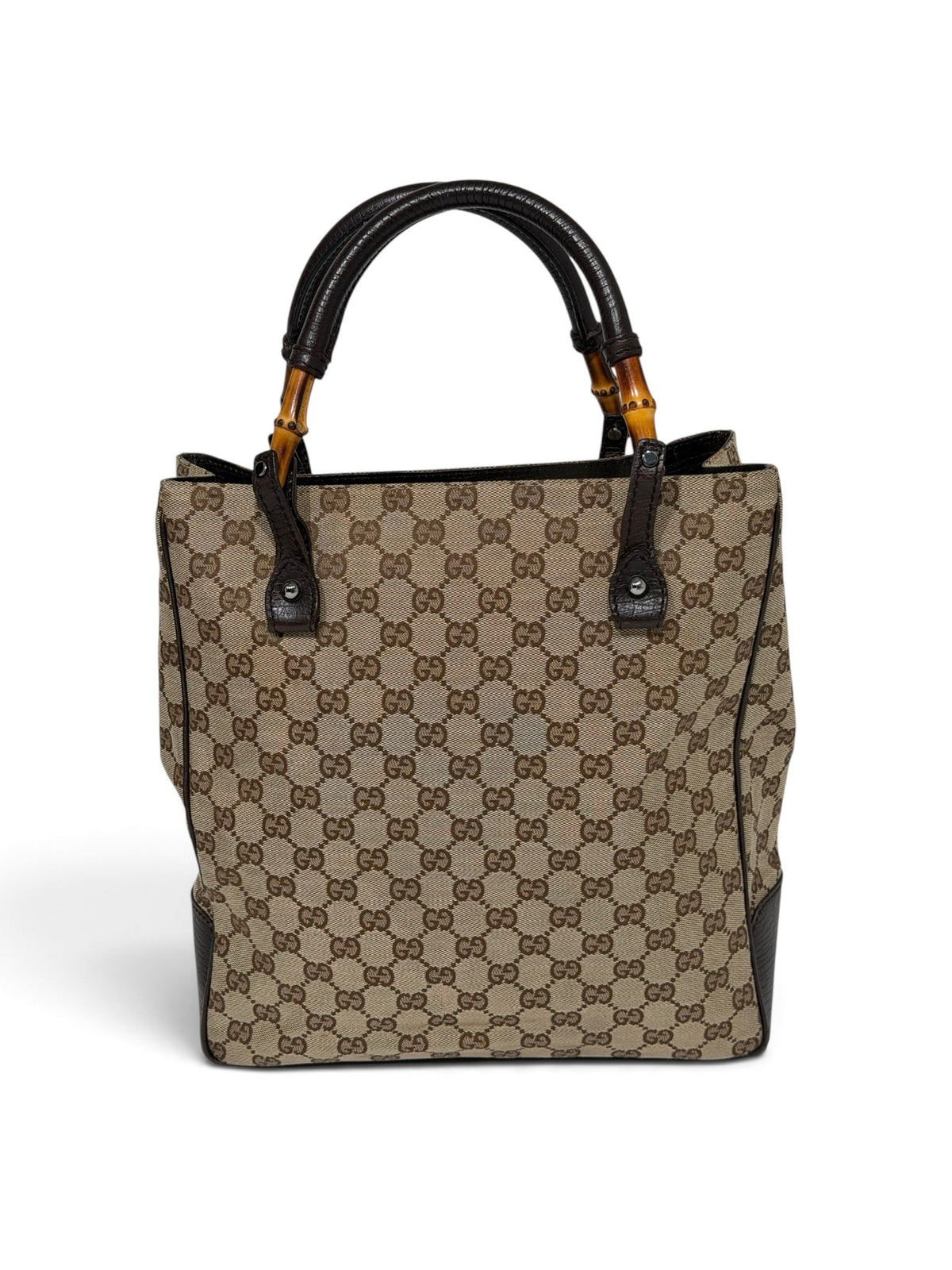 Gucci Vintage GG Canvas Bamboo Handle Tote - Beige & Dark Brown