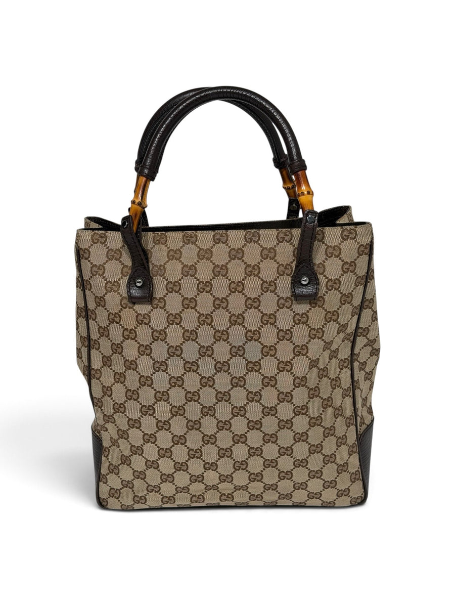 Gucci Vintage GG Canvas Bamboo Handle Tote - Beige & Dark Brown